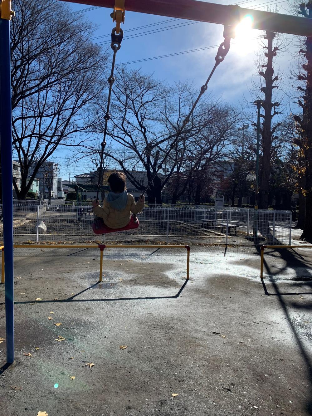 みずほ台中央公園　12月　葉っぱがなくなった木の向こう側に青空が見えるのが冬らしくて好きです。ブランコに乗っているのは息子です。(匿名さん(市内在住)撮影)